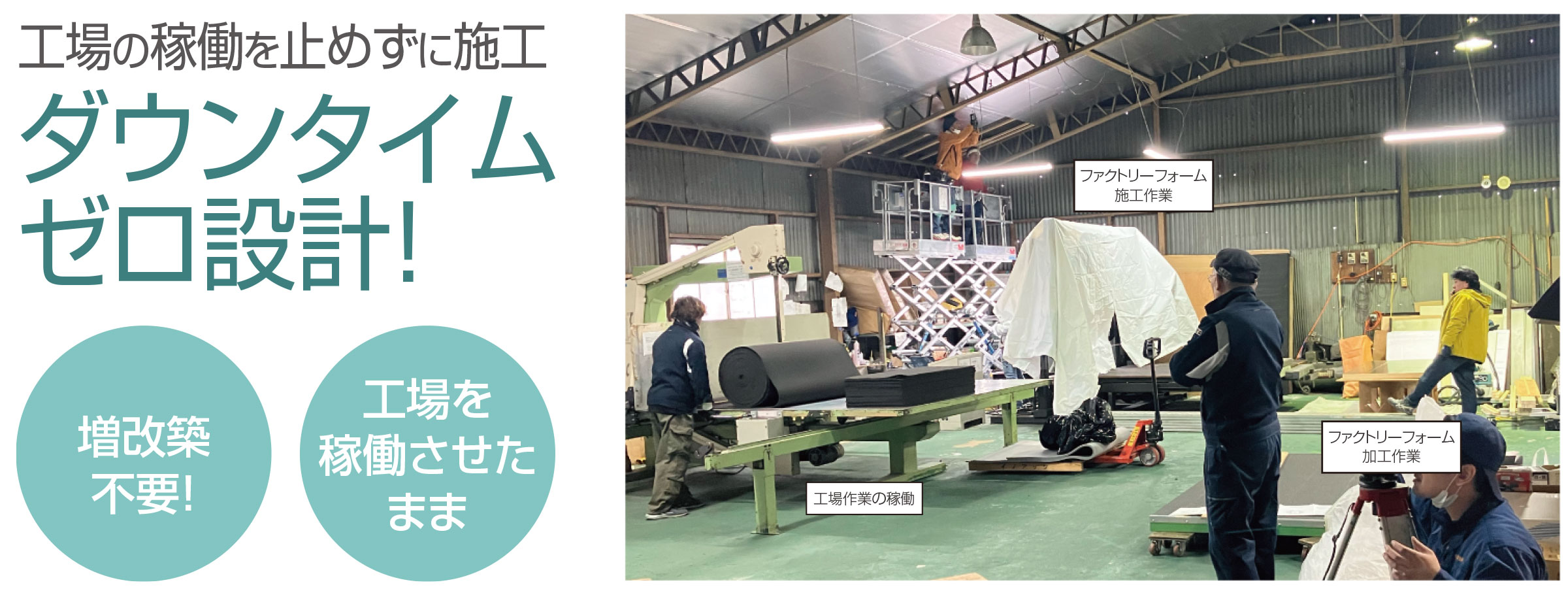 工場の稼働を止めずに施工！ダウンタイムゼロ設計！増改築不要工場を稼働させたまま施工